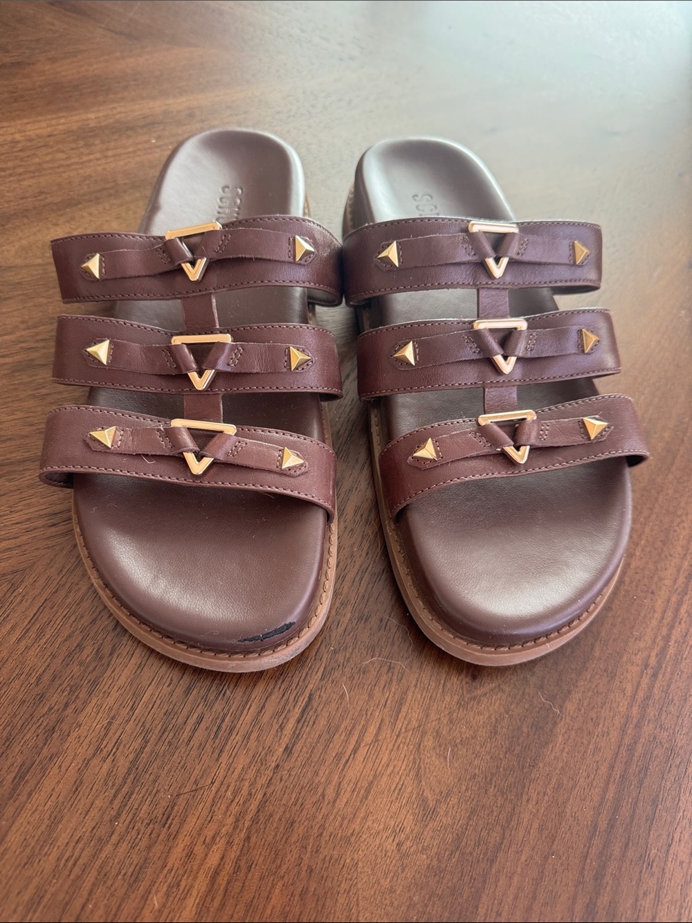 Brown Triple-Strap Leather Slide Sandals with Gold Accents
